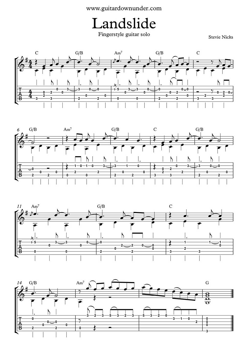 Landslide Arranged For Fingerstyle Guitar By Bill Tyers 